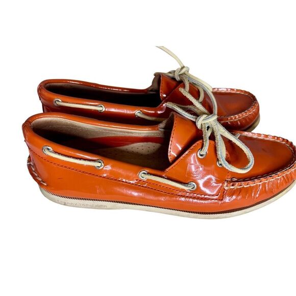 Sperry Top-Sider Boat Orange Patent Leather Moc Round Toe Lace Up Shoes Sz 9M - Picture 2 of 7